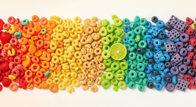 Colorful cereal pieces arranged in rainbow pattern.