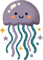 Cute purple jellyfish flat illustration, adorable smiling cartoon sea jelly with tentacles for children ocean design  © 민지 오
