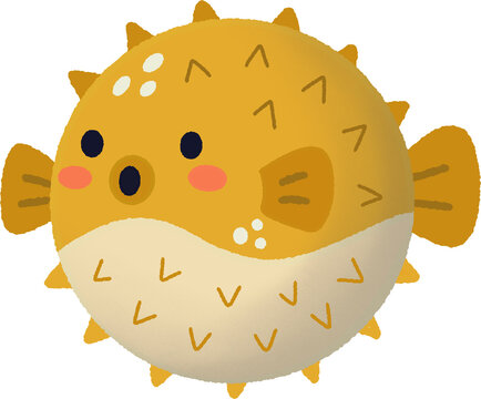 Cute yellow pufferfish flat illustration, adorable smiling cartoon puffer fish for children ocean marine design
