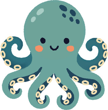 Cute teal octopus flat illustration, adorable smiling cartoon sea creature with tentacles for children marine design
