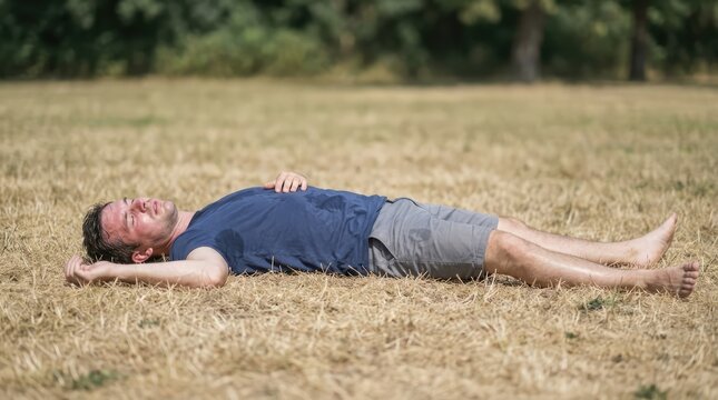 Man lying on the grass, exhausted and sweating from heat. He is lying on his back with his eyes closed and his arms by his side. He is wearing a blue t-shirt and grey shorts