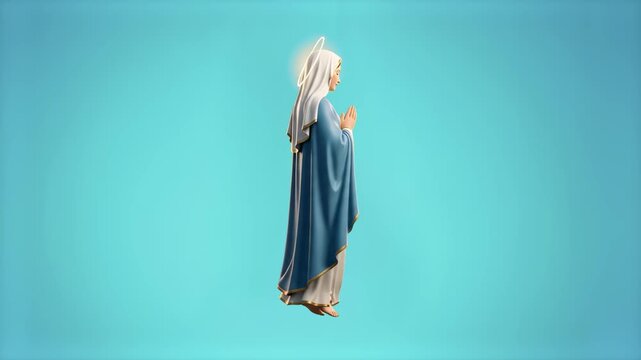 Side profile render of a Virgin Mary statue in blue and white robes with hands folded in prayer, isolated on a light cyan blue background. Excellent for Catholic religious media, Christmas and Easter 