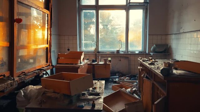 Golden Sunlight Through Broken Windows in Abandoned Laboratory Room | Empty Wooden Drawers Scattered on Floor | Soviet Institute Decay
