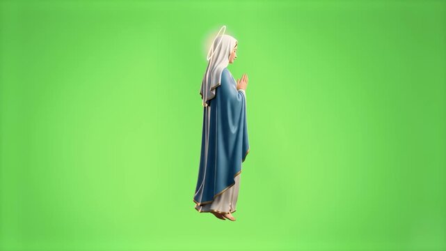 A seamless 360-degree turntable animation of a 3D Virgin Mary character praying in a blue robe. Isolated on a chroma key green screen for effortless VFX compositing and keying.