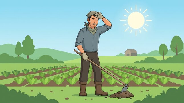 A farmer tending to his crops under a bright sun. He is wiping sweat from his brow, showing the hard work and dedication involved in agriculture
