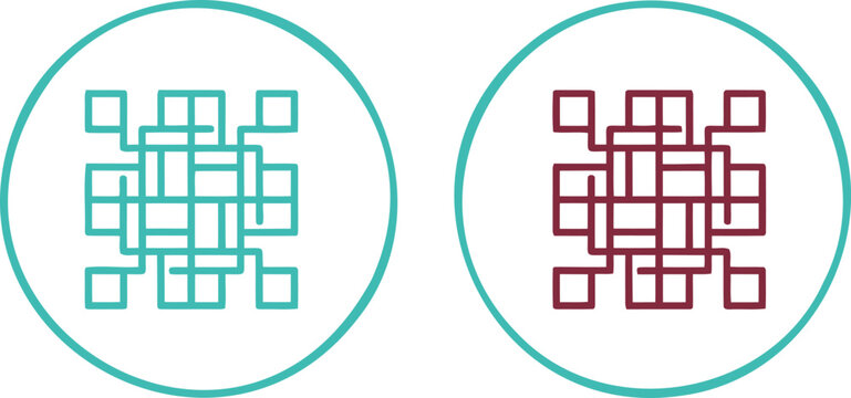Dual colored square maze icons inside circles representing logic pathways and strategic planning for business concepts