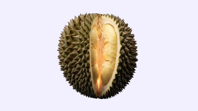 A detailed 3D rendering of a whole spiky durian fruit cut open to reveal its creamy yellow pods, set against a clean light background. Great for tropical food design, Asian fruit market promotions, an