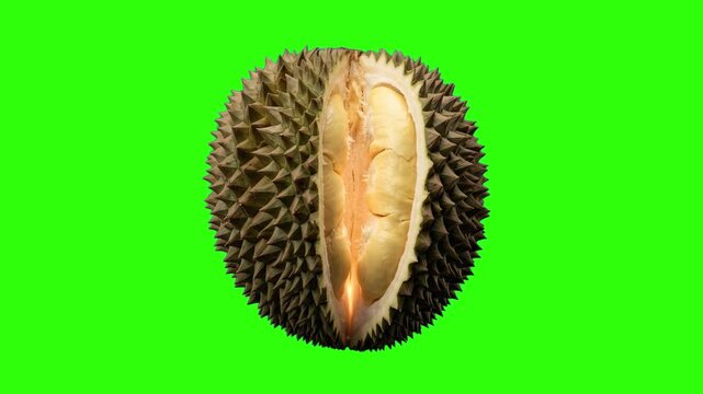 A tropical durian fruit, cut open to reveal its yellow pulp, rotates in a continuous 360-degree turntable loop. Isolated on a chroma key green screen, this 3D animation asset is ideal for food and tra