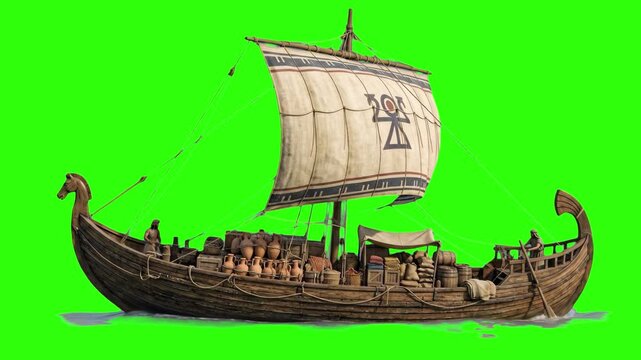 A 3D animated ancient Phoenician cargo vessel carrying amphorae jars, isolated against a solid green background. Perfect for historical documentaries, commercial trade concepts, and cinematic visual e