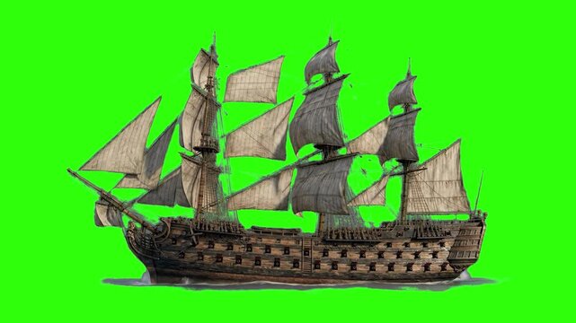 A detailed 3D render of a historic multi-decked wooden ship of the line with multiple masts and sails, set against a solid chroma key green background. This asset is ideal for historical naval warfare