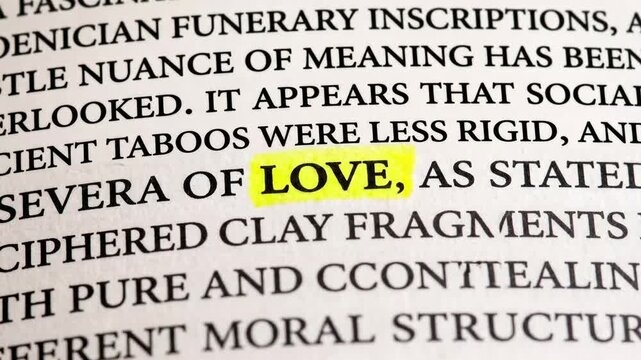 A close-up view of printed text on paper, focusing on the word "LOVE" which is highlighted with a bright yellow marker. This visual is suitable for concepts related to relationships, philosophy, liter