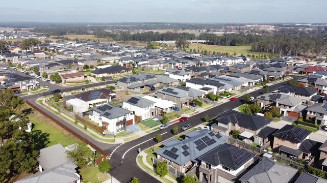 Aerial view of local communities of low density residential housing in the suburbs