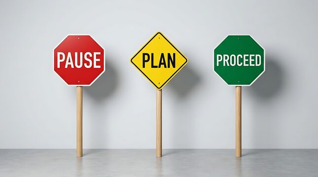 Three conceptual traffic signs displaying pause plan proceed words symbolizing business continuity careful strategy and workflow progress