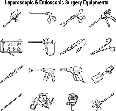 Hospital laparoscopic surgery equipments vector icon set, endoscopic surgical clinic tools line art illustration, flat outline symbols of laparoscope camera trocar and grasper forceps