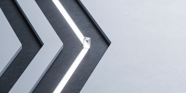 Minimal three dimensional business technology background with illuminated workflow routing path, transparent checkpoint block, graphite channels and wide copy space