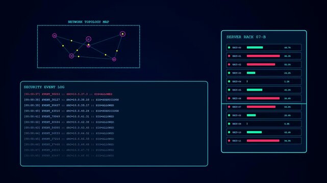 A digital workspace auditing system displays real time network node connections and server performance metrics through a dark interface featuring glowing red and green data bars