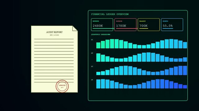 A sequence showing workspace auditing tasks as digital reports and graphs update across three distinct phases of evaluation on a dark glowing display monitor screen