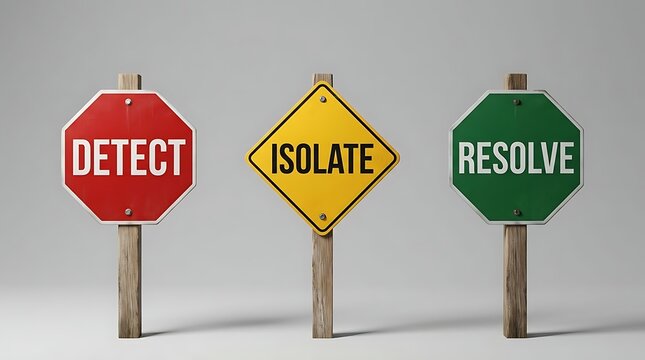 Three traffic signs displaying detect isolate resolve concepts symbolizing business problem solving and strategic crisis management