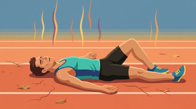 An exhausted runner collapsed on a running track, feeling the heat and fatigue. The illustration depicts the intense effort and struggle associated with competitive sports
