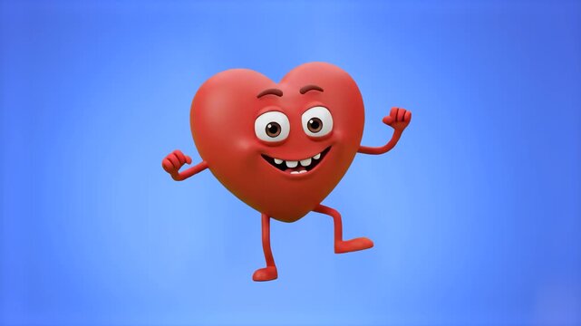 A playful 3D rendered cartoon red heart character with a cheerful smiling face, big eyes, arms, and legs, captured in a joyful dancing pose against a solid blue backdrop. Great for children's content,