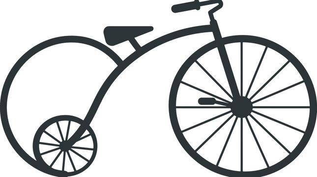 A vintage penny farthing bicycle with a large front wheel and small rear wheel is depicted in profile on a plain background.