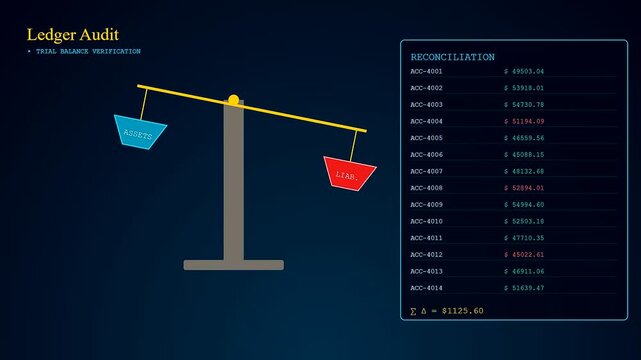 A digital workspace auditing interface features rotating balance scales and scrolling numerical ledger data displayed on a dark blue screen during a complex financial analytical session