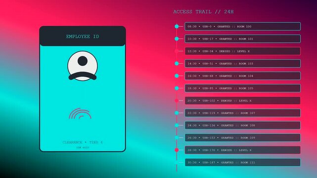 Workspace auditing process displayed on a digital screen interface showing dynamic authentication logs and secure employee identification cards moving through a timeline of entry events