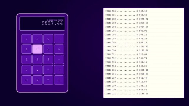 A digital workspace auditing sequence featuring purple calculators with expanding transaction lists on light beige paper sheets displayed against a deep dark navy blue glowing background