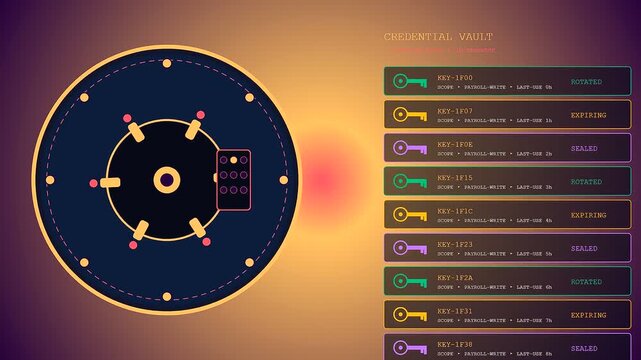 The process of workspace auditing is showcased through these digital interface animations showing circular status icons and illuminated lists of unique access credentials in motion