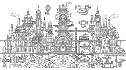 Steampunk Cityscape with Airships and Gears © Dudung