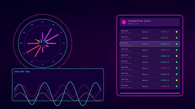A digital workspace auditing interface features glowing neon circular charts and linear waveform graphs moving smoothly across a dark purple screen in this seamless motion loop