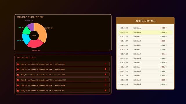 A detailed workspace auditing dashboard displaying multiple financial charts and scrolling expense logs on a dark screen with glowing interface elements during a professional data analysis