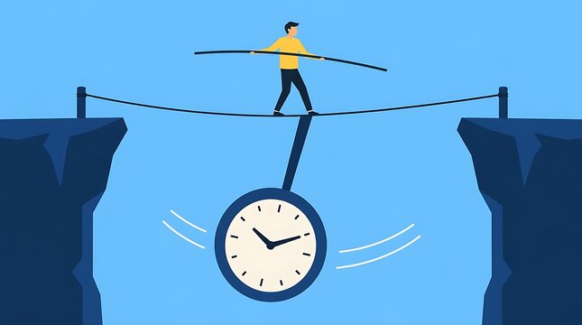Business professional balancing time management risks while walking tightrope across mountain cliff gap
