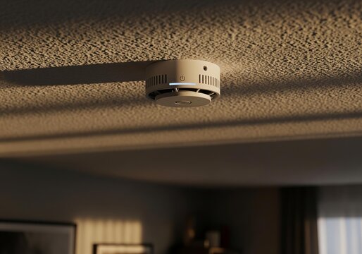 Smart smoke detector mounted on a textured ceiling with dramatic lighting