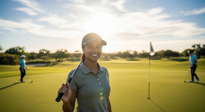 Woman golfer smiling on sunny golf course with flag and other players