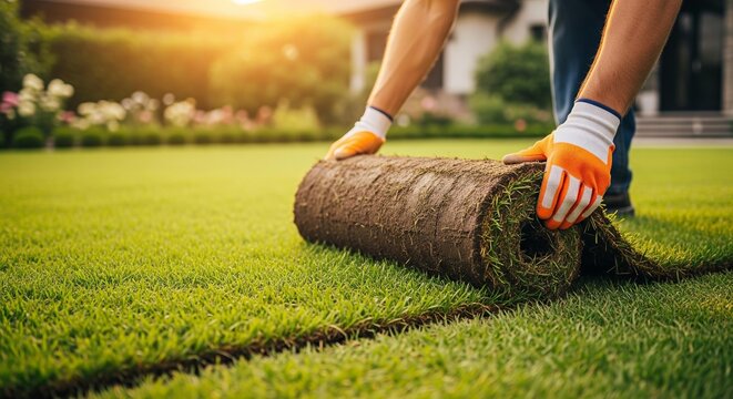 Gardener rolling out sod on a sunny day to create a new lawn