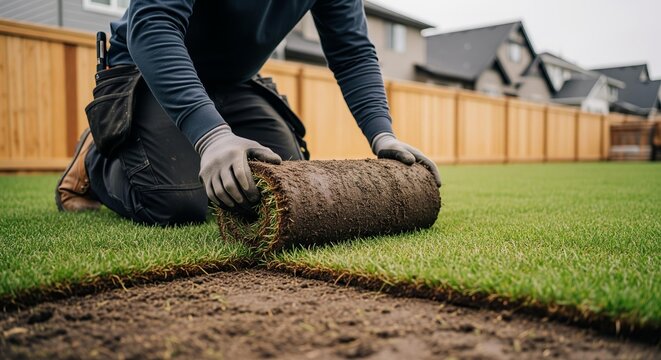 Gardener installing new sod on a backyard lawn