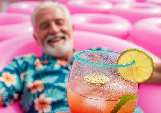 Smiling senior man relaxing with a refreshing drink by a pool