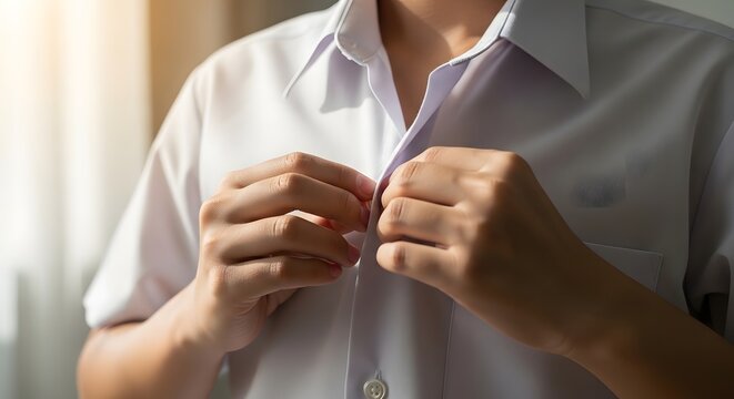 Close-Up of Student Buttoning School Uniform Shirt During Morning Preparation Routine