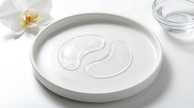 Two hydrogel under-eye patches on white plate
