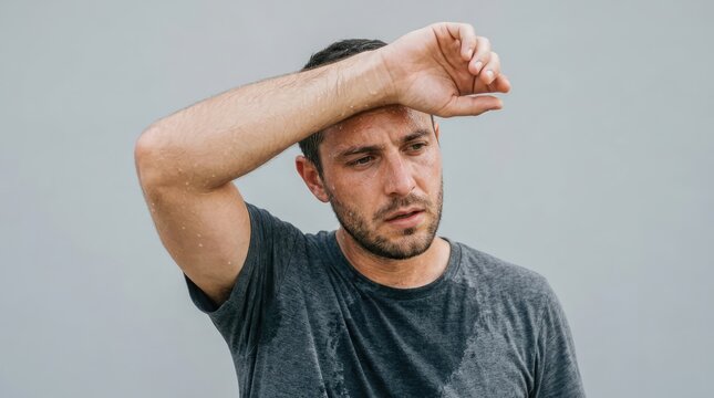 A man sweating profusely, wiping his brow in the heat. He looks tired and exhausted from the high temperature