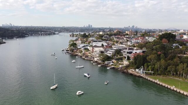 Aerial drone view of mansions in Sydney waterfront suburbs