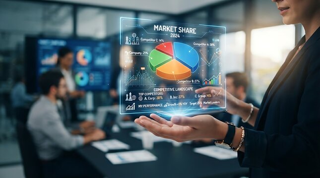 Business strategist presenting market share hologram with 3D pie chart and competition icons for corporate growth analysis.