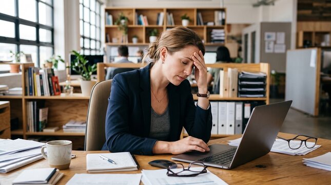 Tired businesswoman working on laptop in a modern office with stressed mood