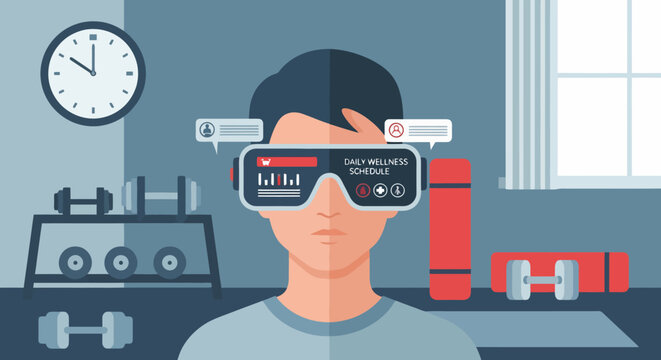 Man using virtual reality headset for fitness training at gym