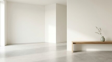 Fototapeta premium Minimalist empty room with concrete floor, white walls, and wooden shelf with vase