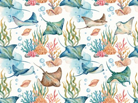 Watercolor illustration of stingrays and coral in tropical ocean pattern with soft blue and teal hues