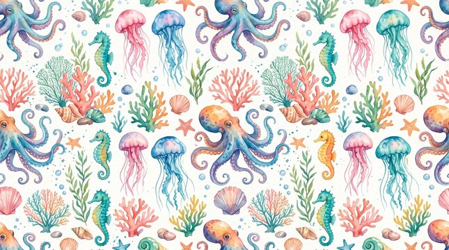 Colorful Watercolor Octopus and Marine Life Pattern on Light Background