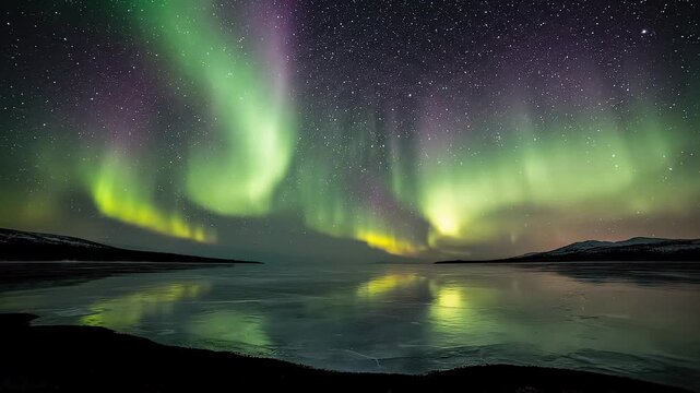 Stunning Aurora Borealis dancing over frozen winter lake at night, green and purple northern lights reflection on ice, starry sky polar lights timelapse background