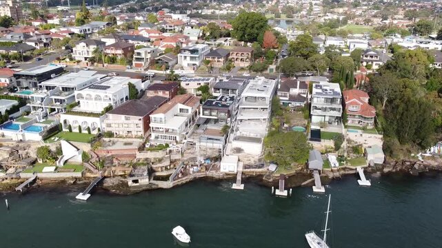 Aerial drone view of mansions in Sydney waterfront suburbs